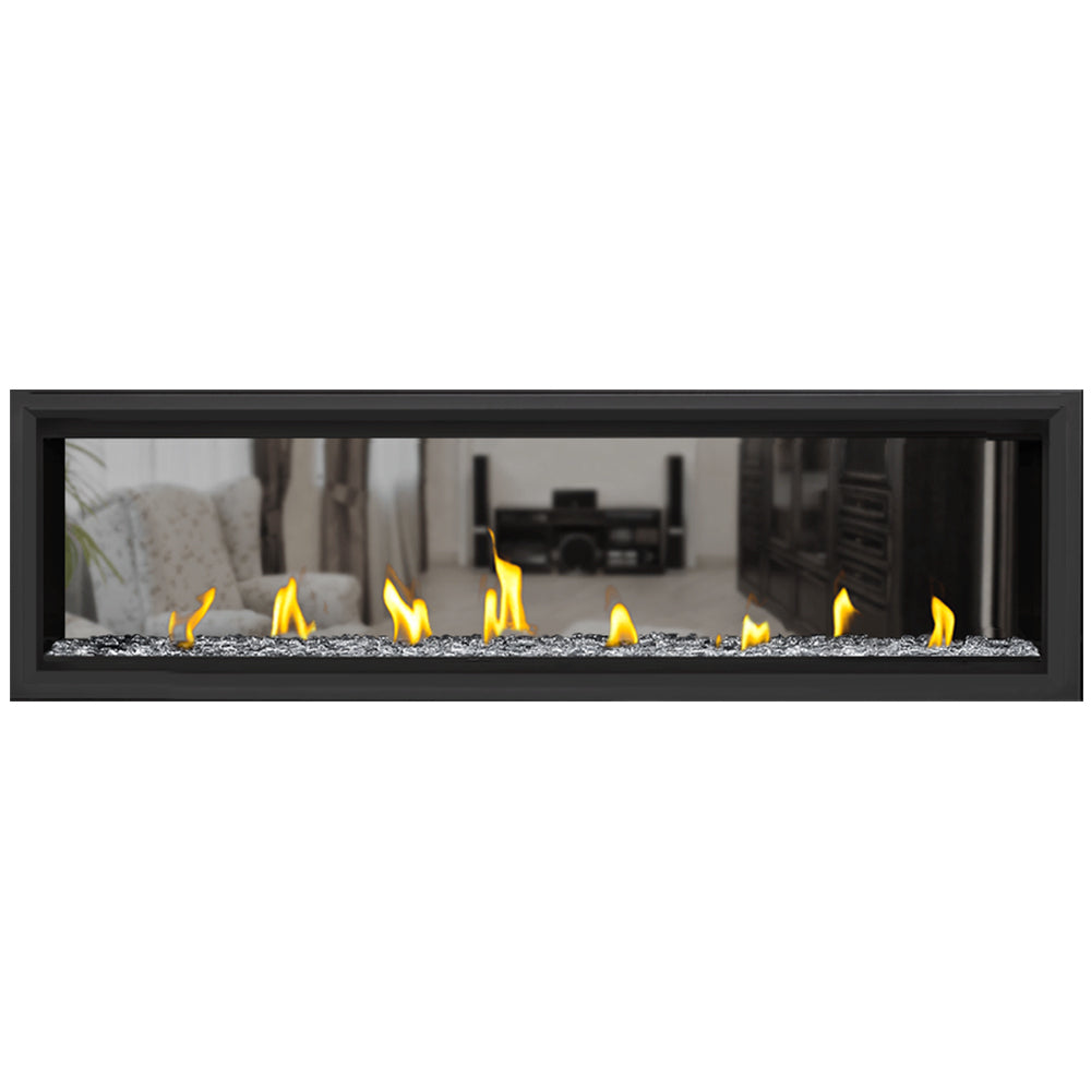 Direct vent gas fireplace with light stone fire bed and flames