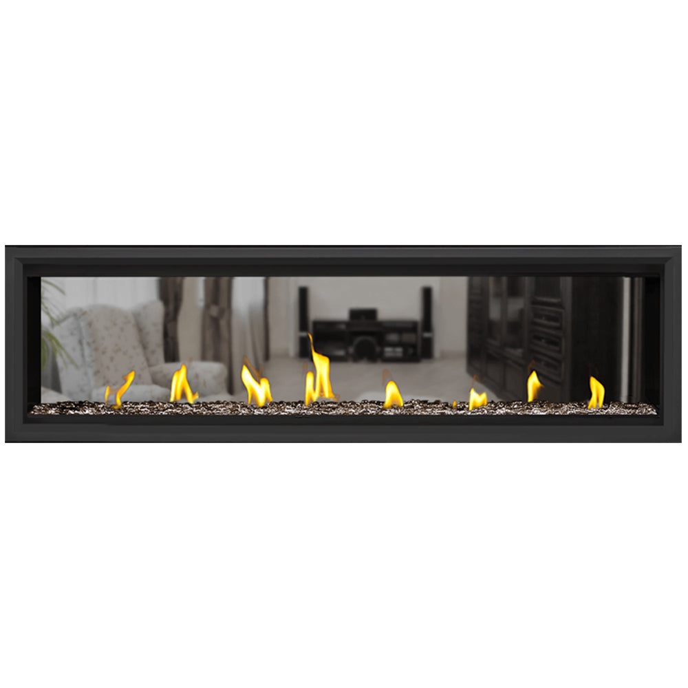 Direct vent gas fireplace with gray stone fire bed and flames