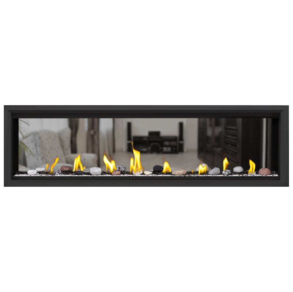 62-inch direct vent gas fireplace with light fire media and glowing flames in black frame