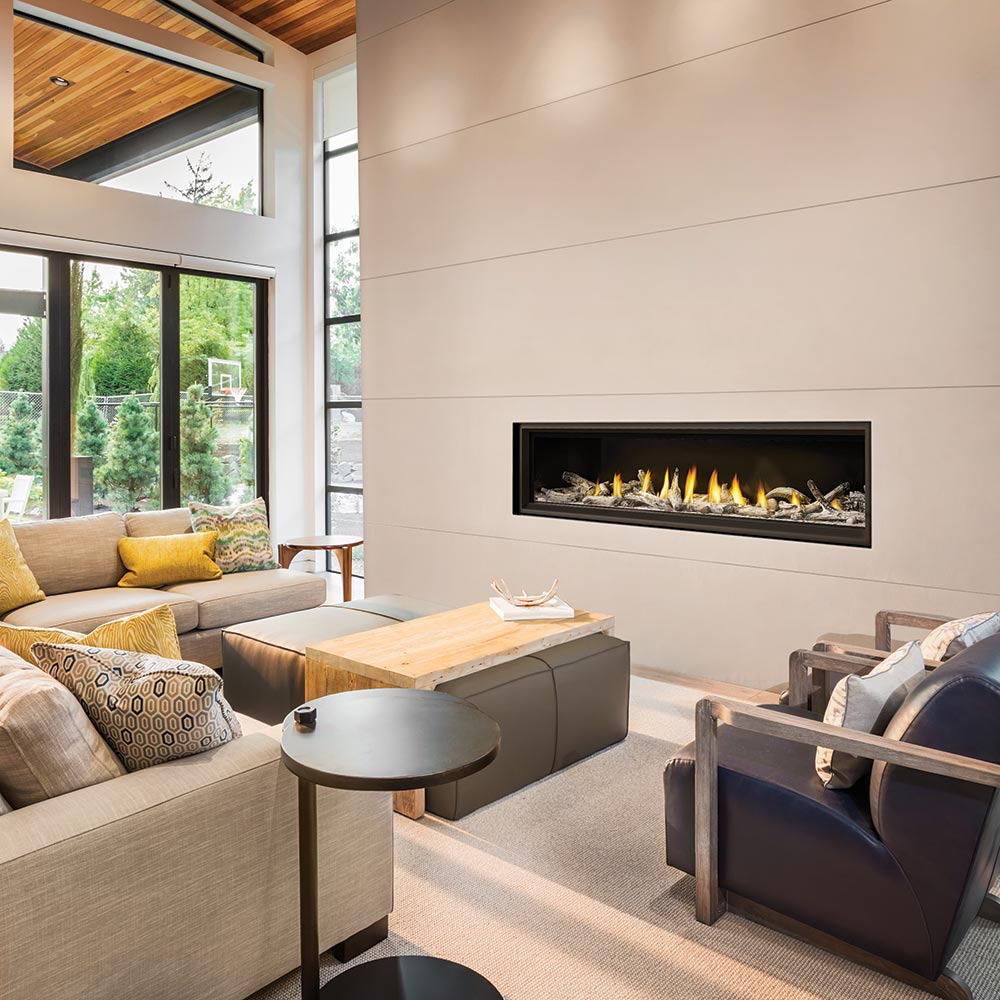 Black-framed 74-inch direct vent gas fireplace with burning log flames