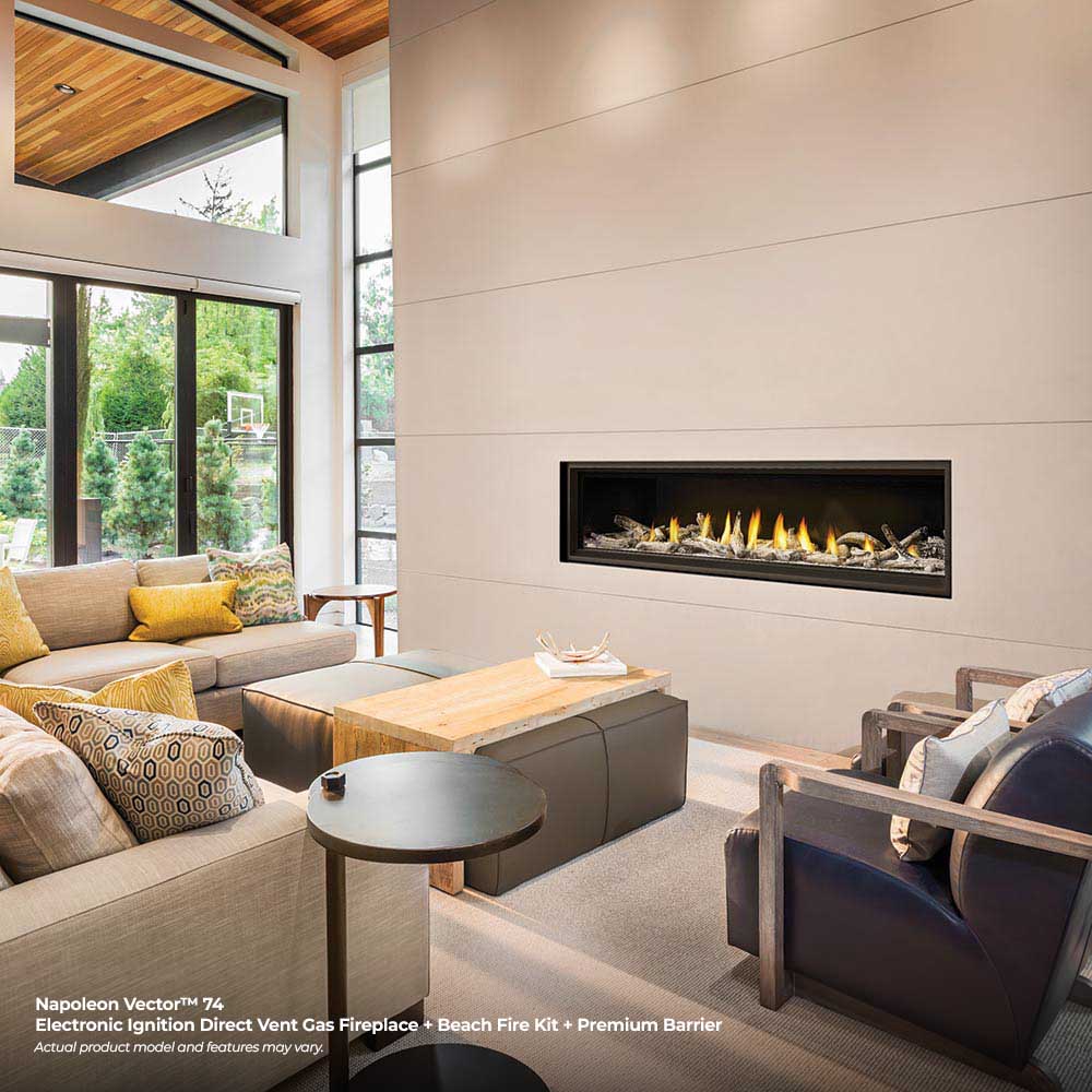Built-in linear gas fireplace in a wall with burning logs and ember bed