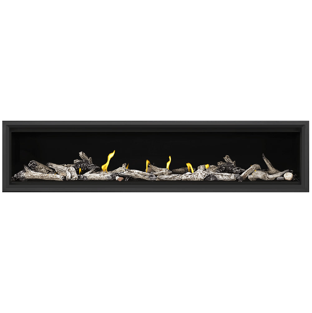 Direct vent gas fireplace with black frame, gray driftwood logs, burning flames