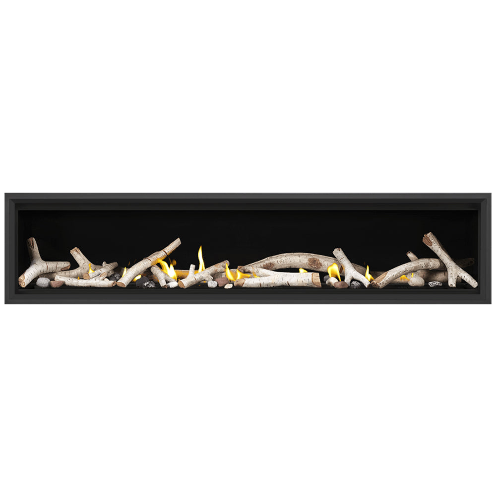 Black-framed 74-inch direct vent gas fireplace with burning birch log media