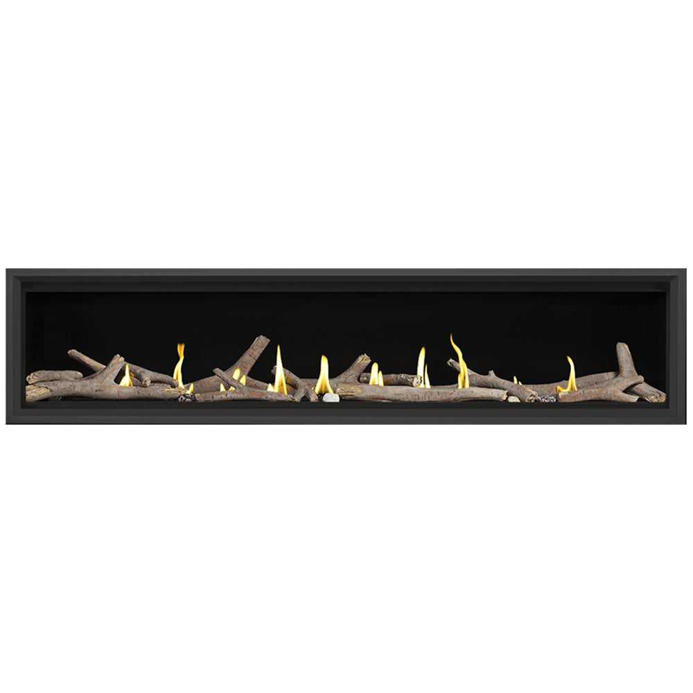 Direct vent gas fireplace with black frame, tan logs, burning flames