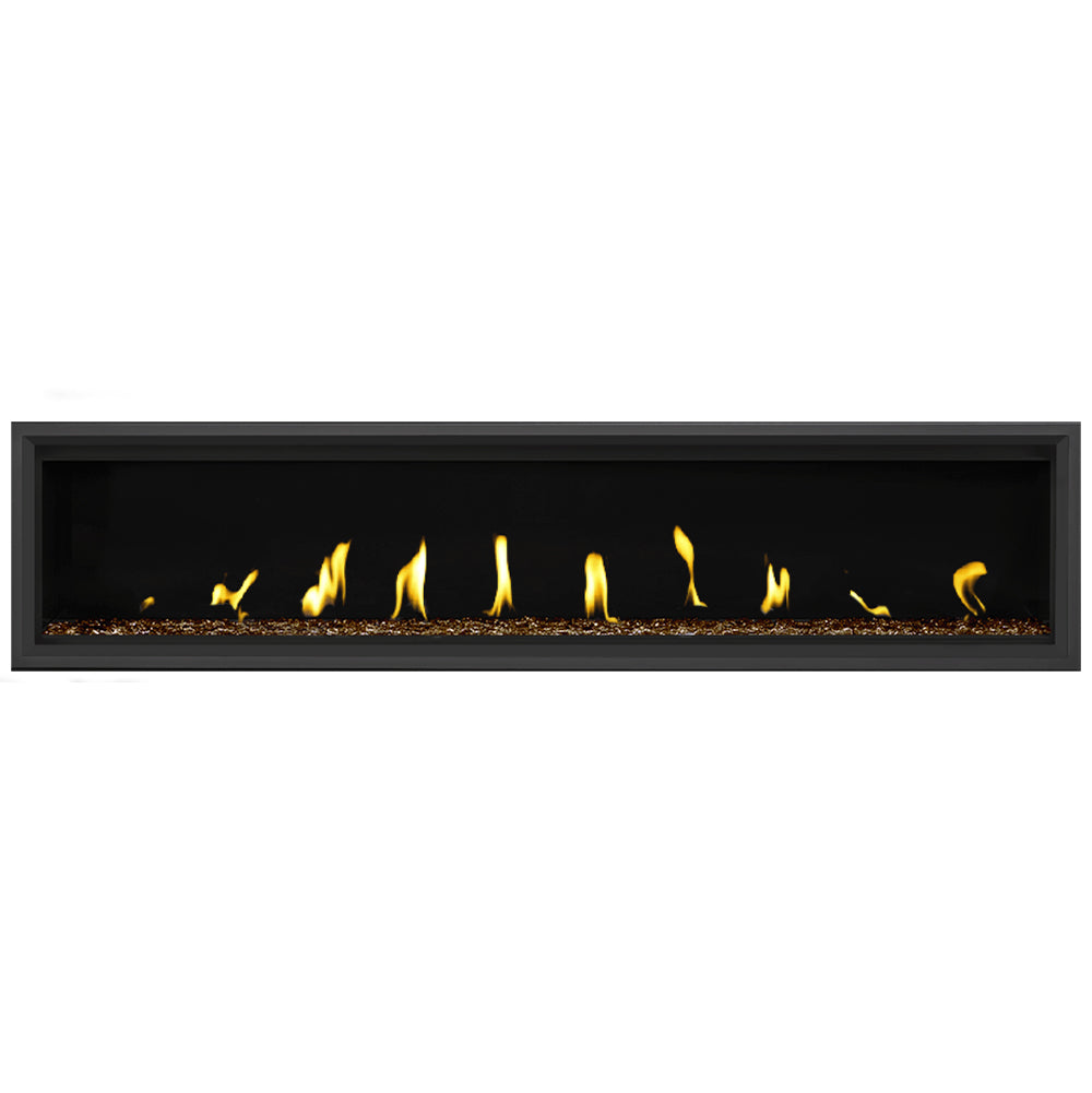 74-inch direct vent gas fireplace with burning flames and dark ember bed