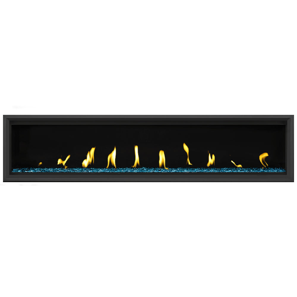 Direct vent gas fireplace with black frame, turquoise glass beads, burning flames