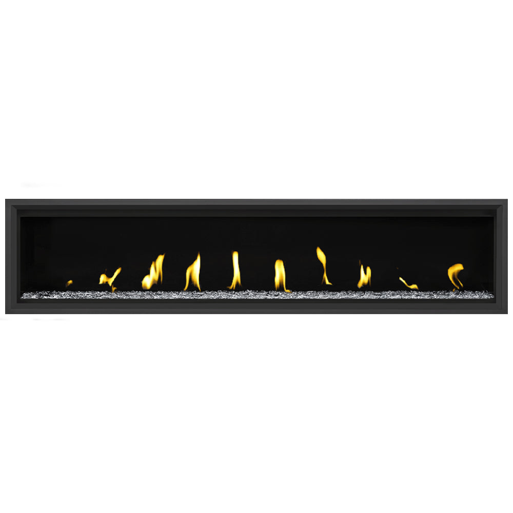 Direct vent gas fireplace with black frame, clear glass beads, burning flames