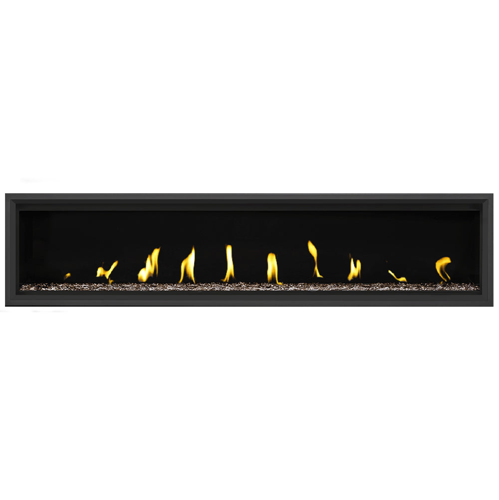 Direct vent gas fireplace with black frame, gray media bed, burning flames