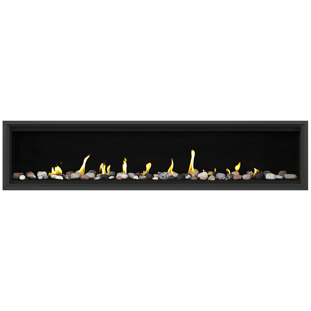 Direct vent gas fireplace with black frame, white glass beads, burning flames