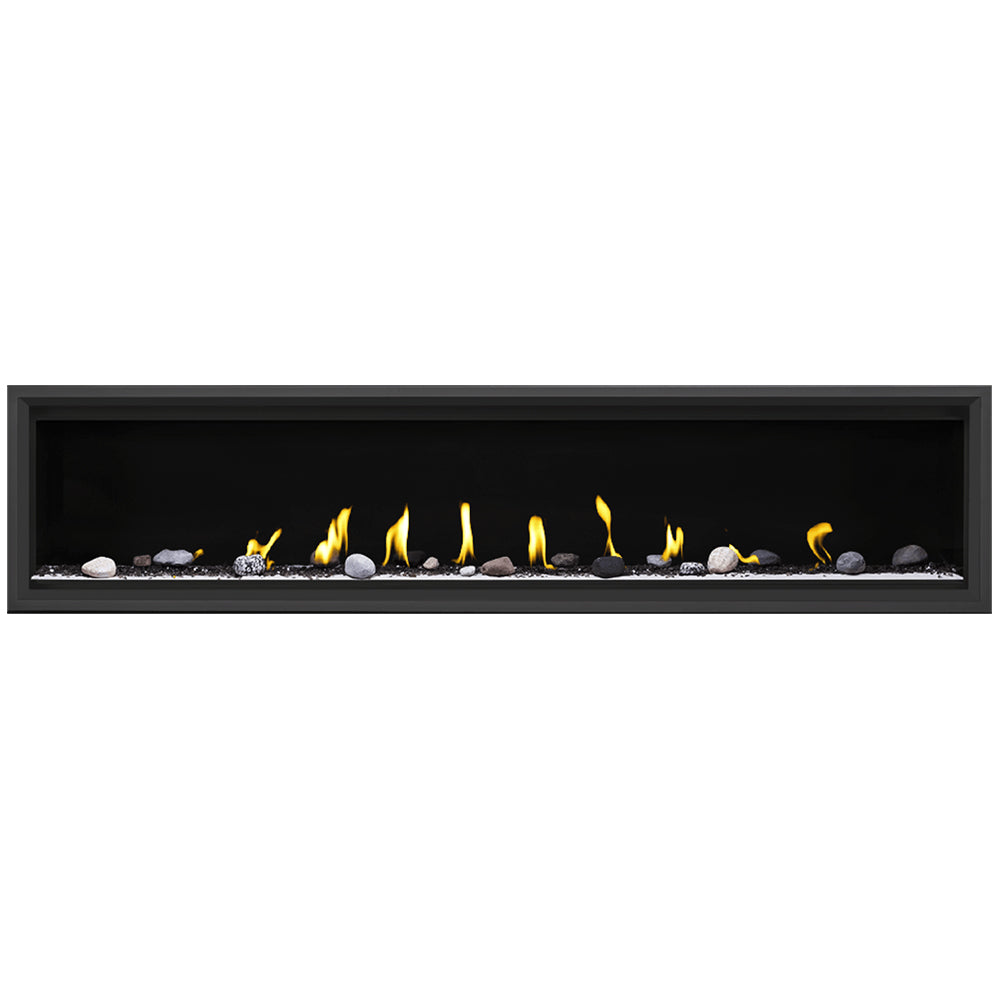 74-inch direct vent gas fireplace with burning logs and dark ember bed