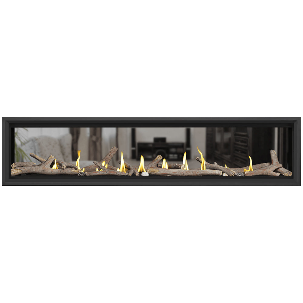 Black 74-inch direct vent gas fireplace with beige logs and flames