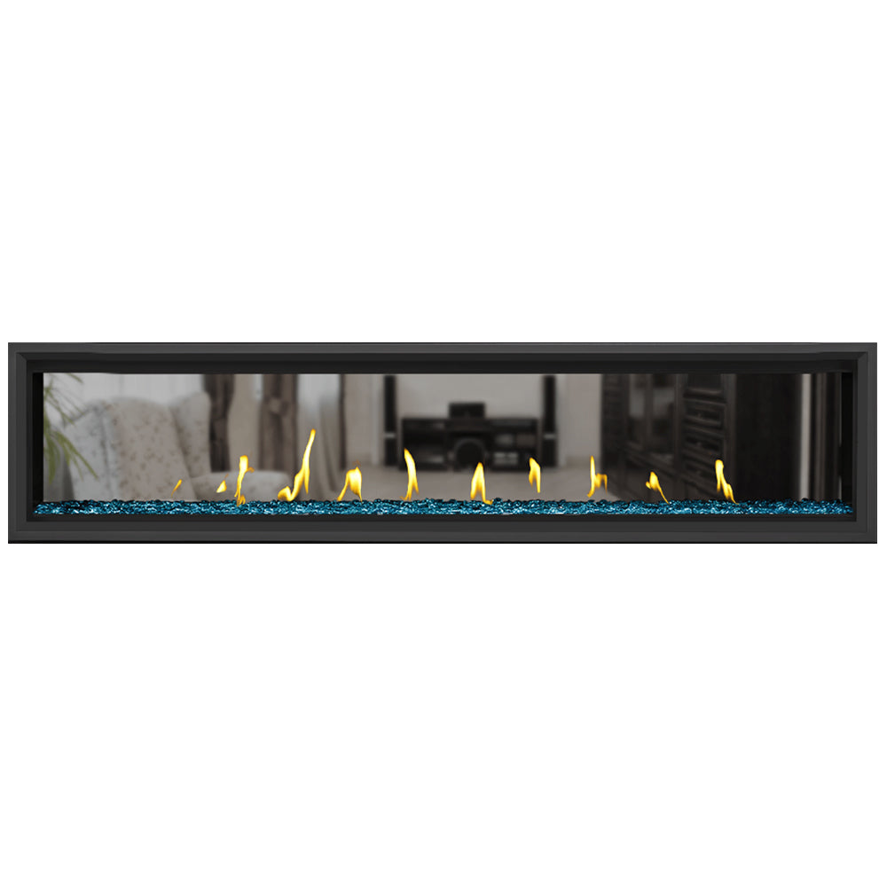 Black 74-inch direct vent gas fireplace with blue glass beads and flames