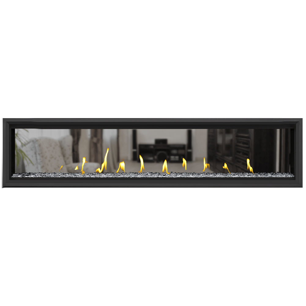 Black 74-inch direct vent gas fireplace with grey stones and flames