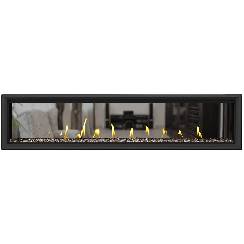 Black 74-inch direct vent gas fireplace with dark stones and flames