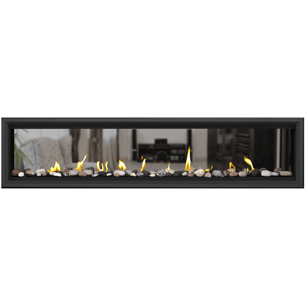 Black 74-inch direct vent gas fireplace with light stones and flames