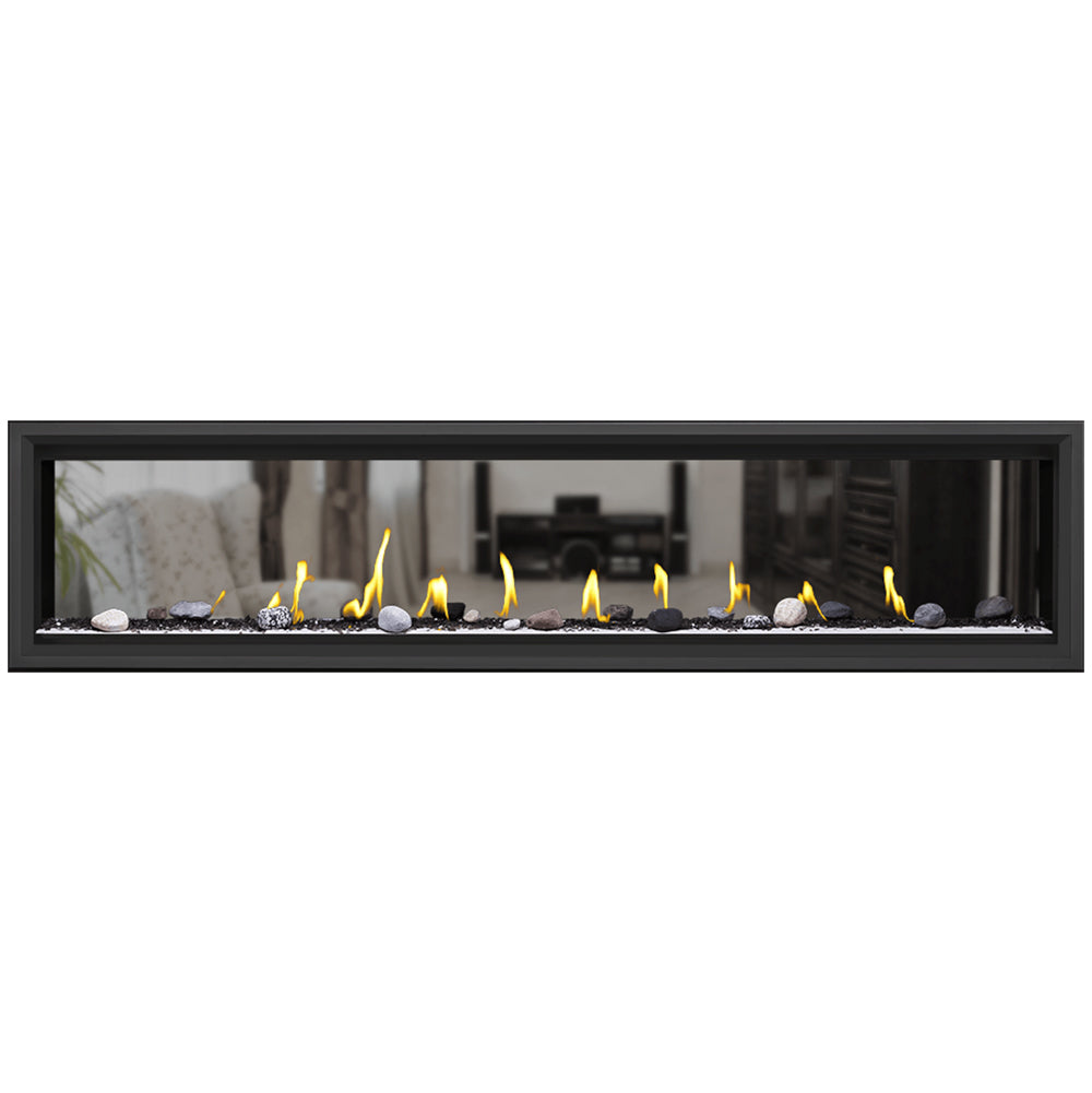 Gas fireplace insert with pale rocks and driftwood logs, showing yellow flames in black frame
