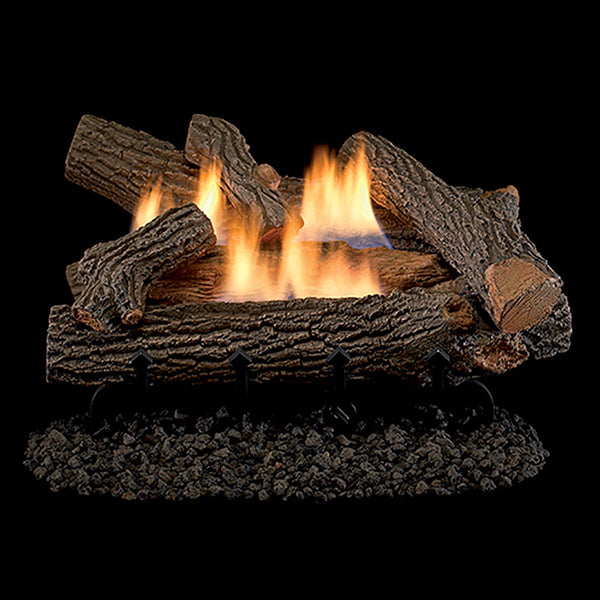 Gas log set with concrete-look logs and open flames