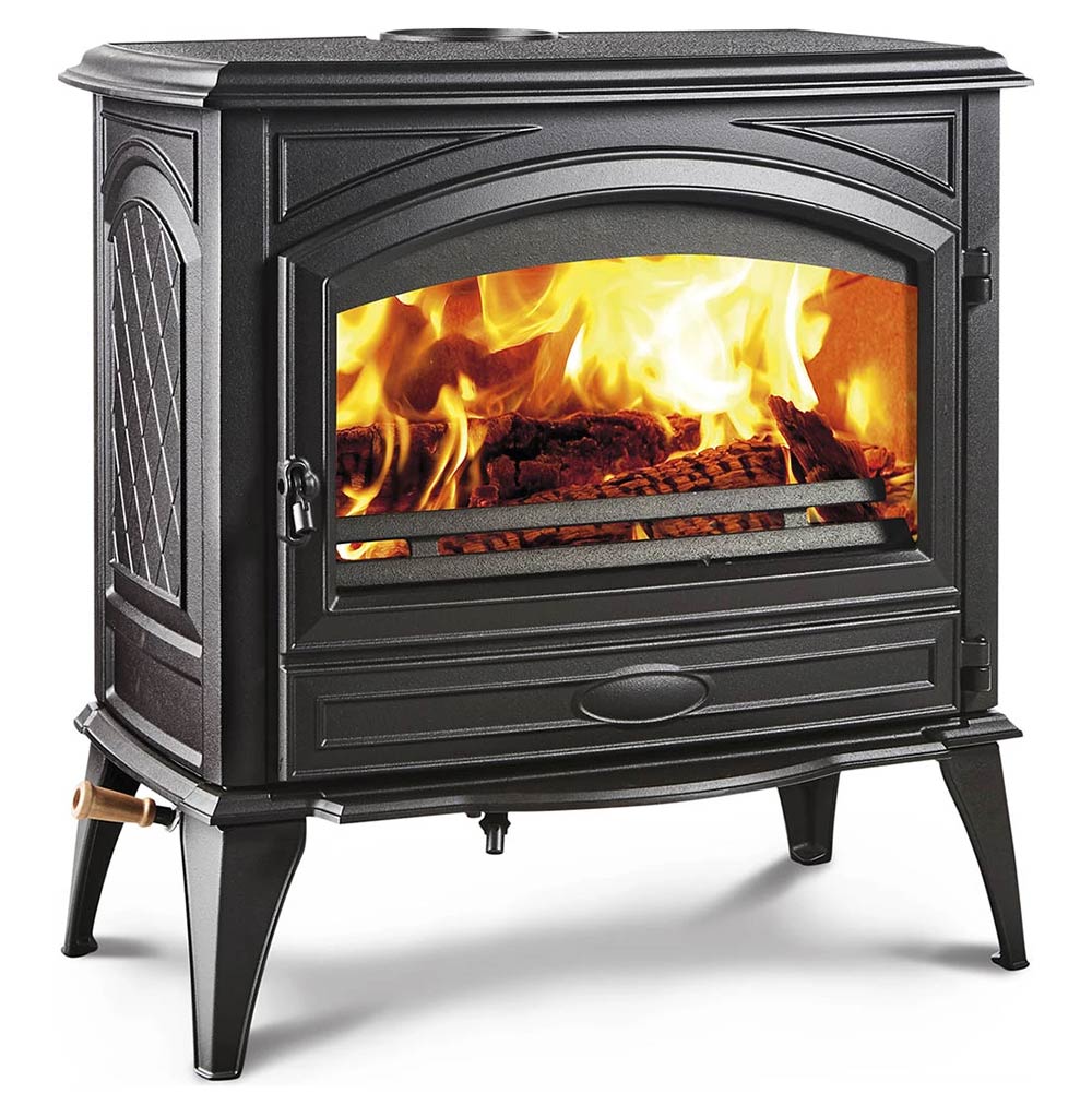 Freestanding wood stove with arched glass front and bright flames, angled view