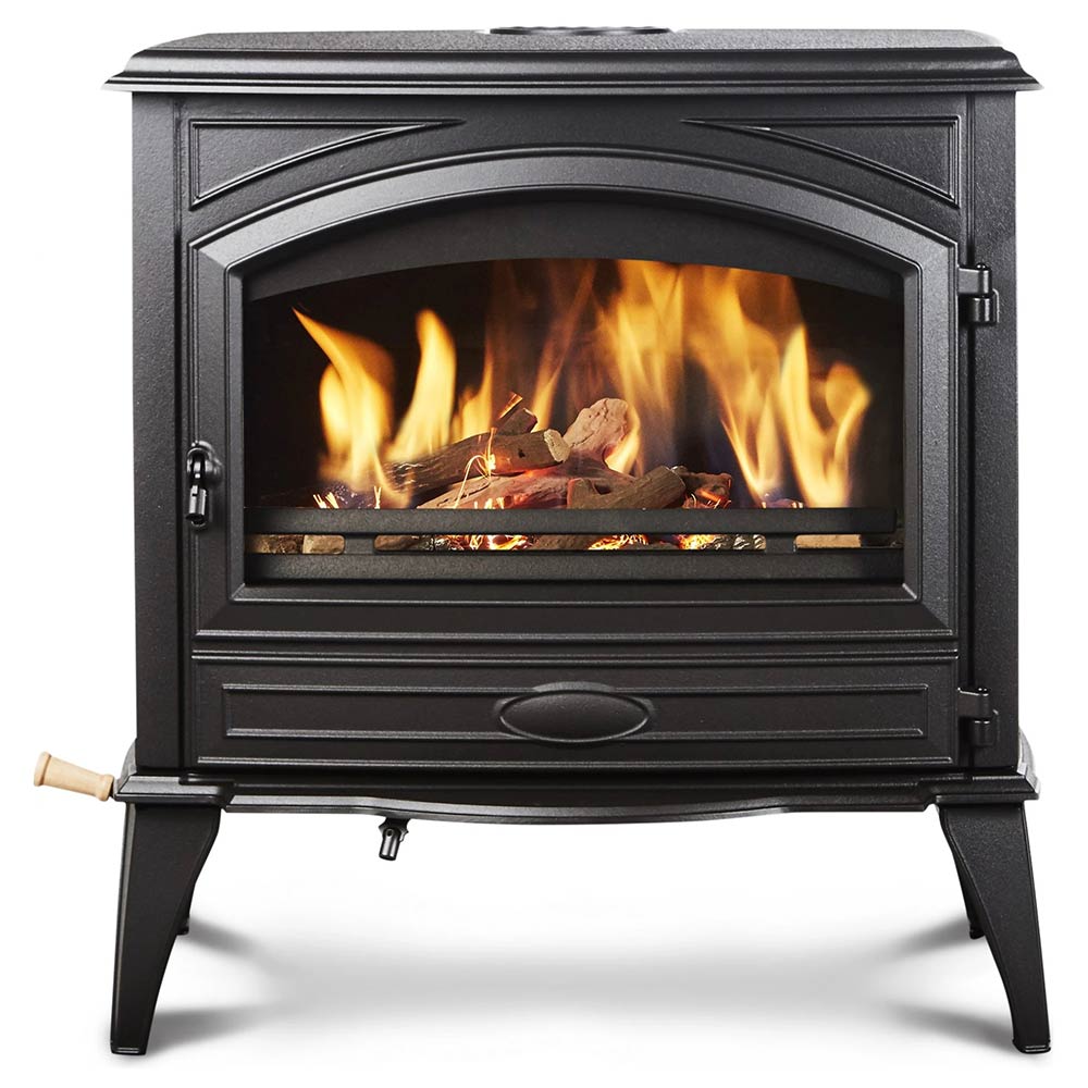 Freestanding wood stove, dark gray, front view with burning logs in glass door