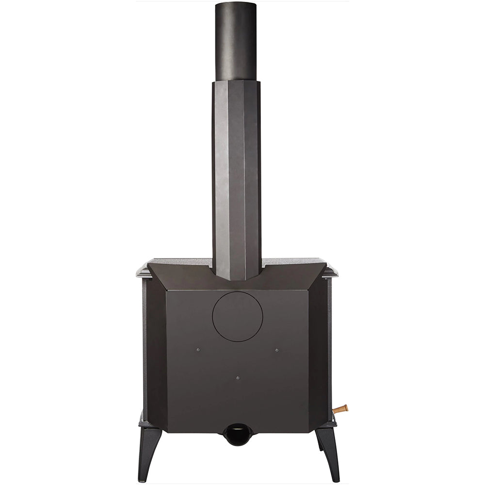 Freestanding wood stove with tall stovepipe, dark finish, front vent and legs
