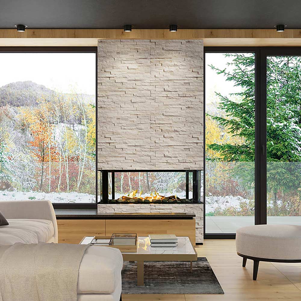 Built-in linear gas fireplace with stone surround and see-through frame