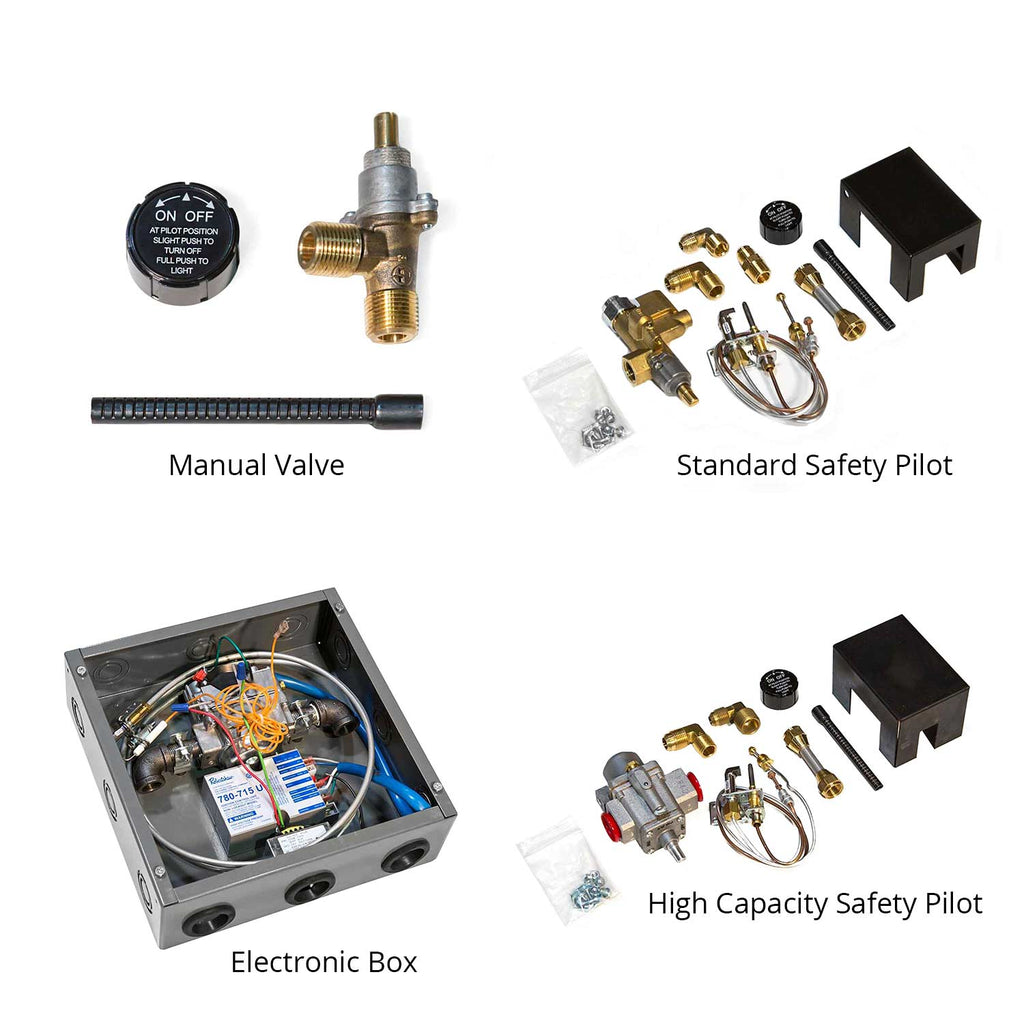 Gas log burner kit components: manual valve, safety pilot parts, wiring and electronics