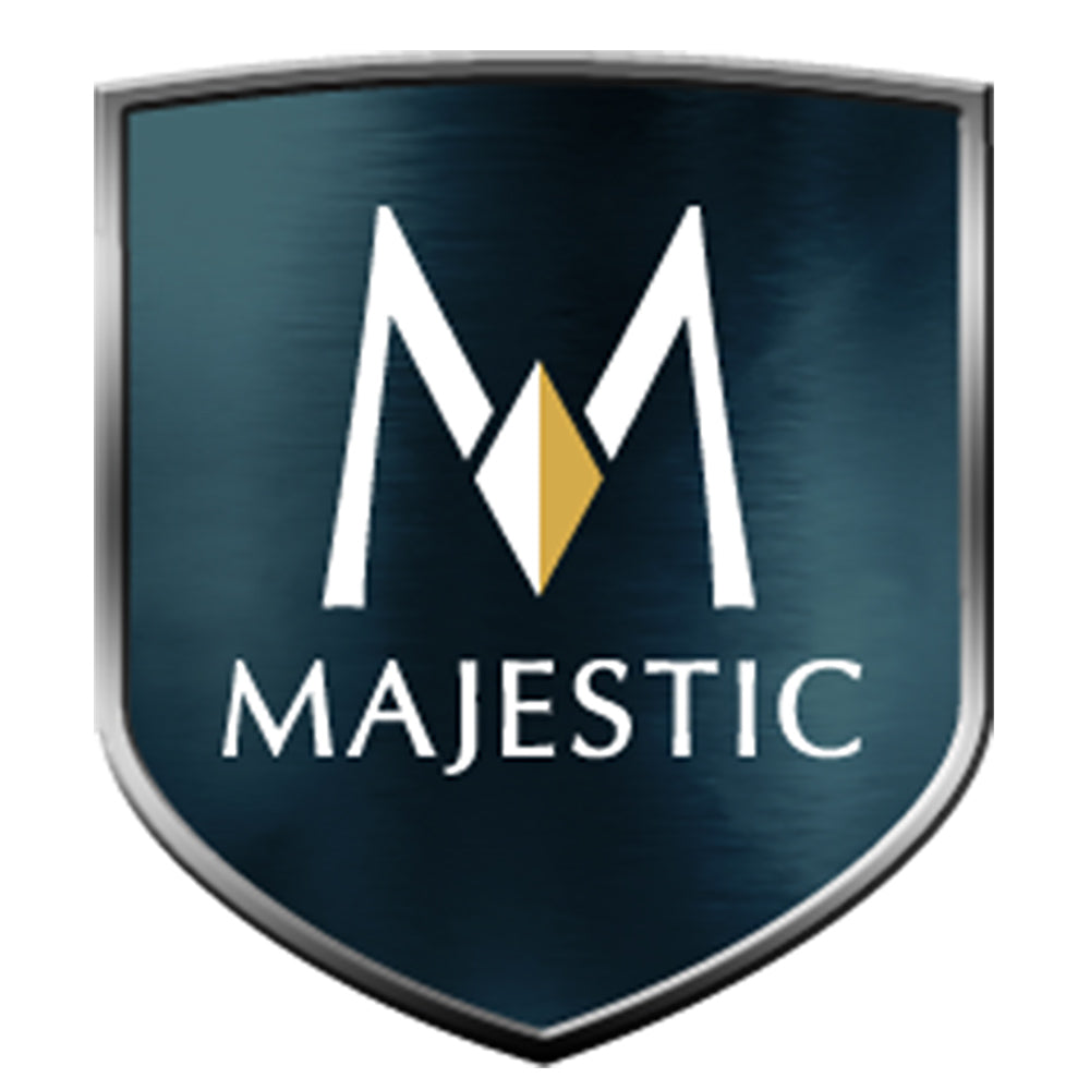 Decorative ceiling firestop shield with Majestic logo, dark blue background, white text, yellow accent