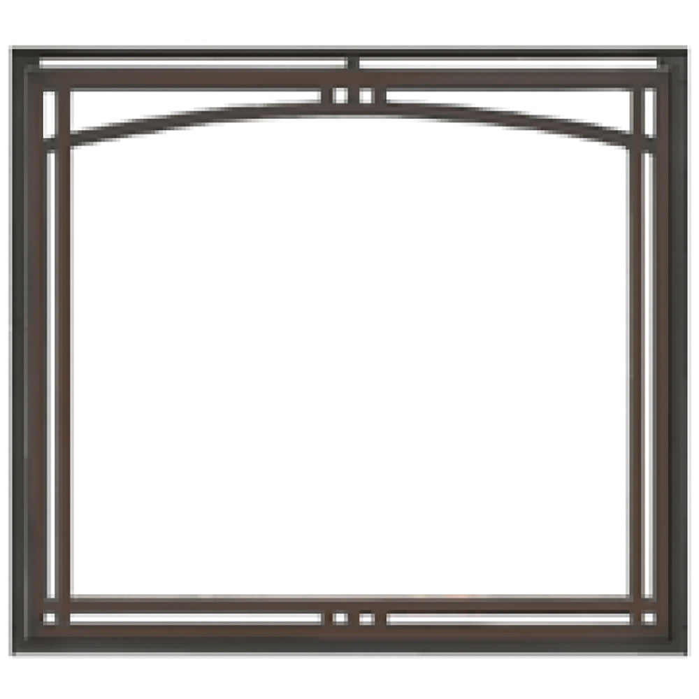 Black arched overlap fireplace front with rectangular metal frame for 36-inch openings
