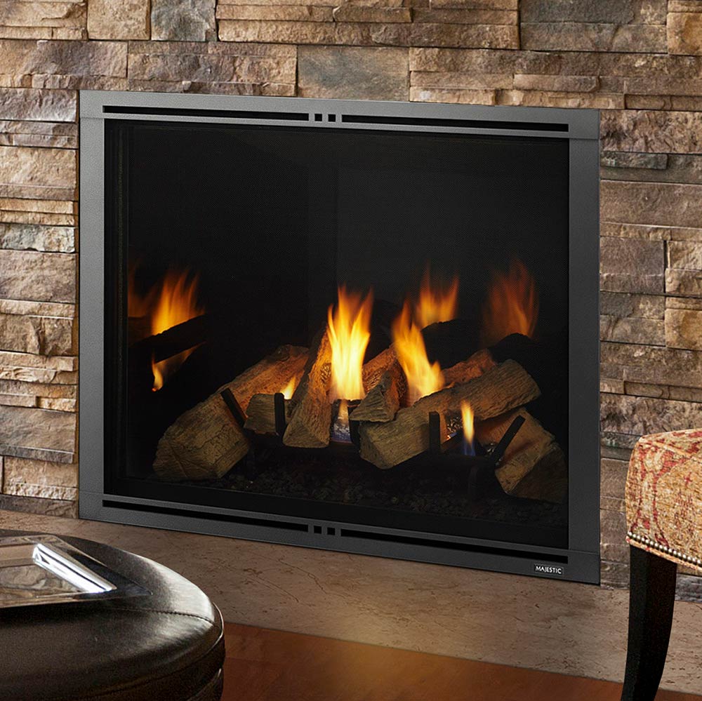 Direct vent gas fireplace with black glass front and glowing flames behind logs
