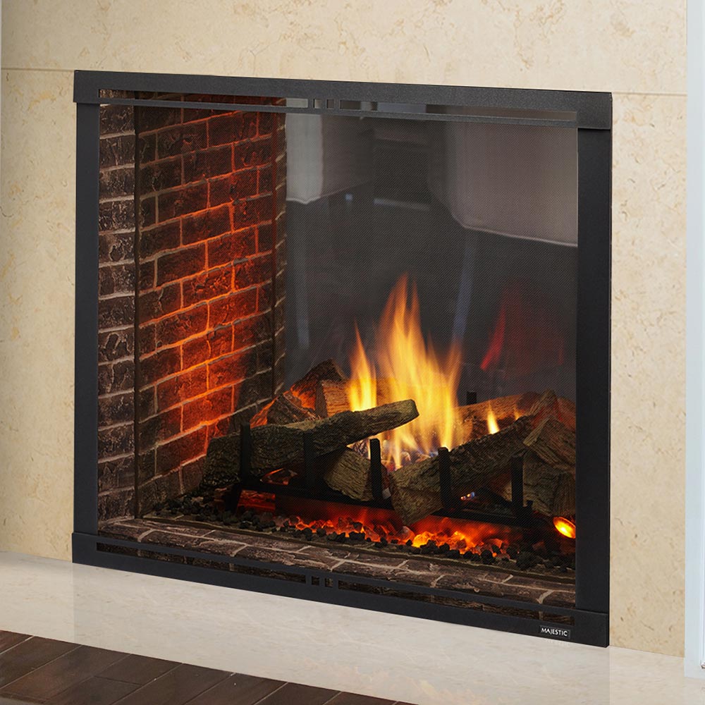Direct vent gas fireplace with black frame, glass front, and visible flames