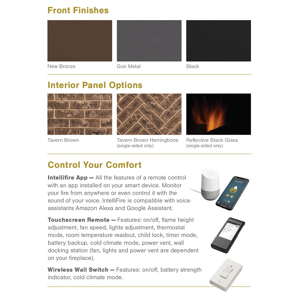 Fireplace panel finish swatches: tavern brown brick, herringbone, and reflective black glass