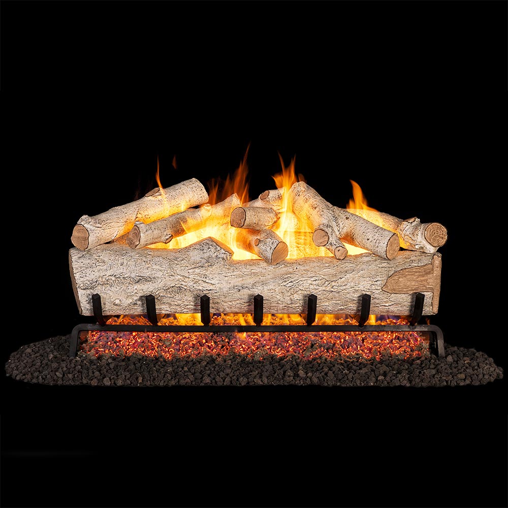 Vented gas log set with light gray and tan log pieces and active flames on burner grate