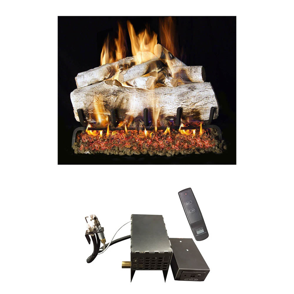 Vented gas log set with birch-style logs, flames, and remote