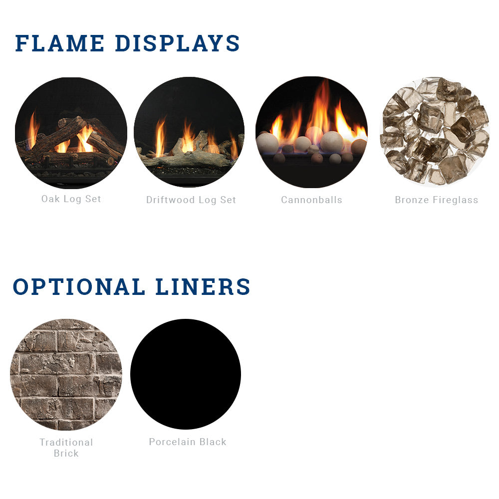 Flame display and liner selector chart with icons for log sets and optional liners