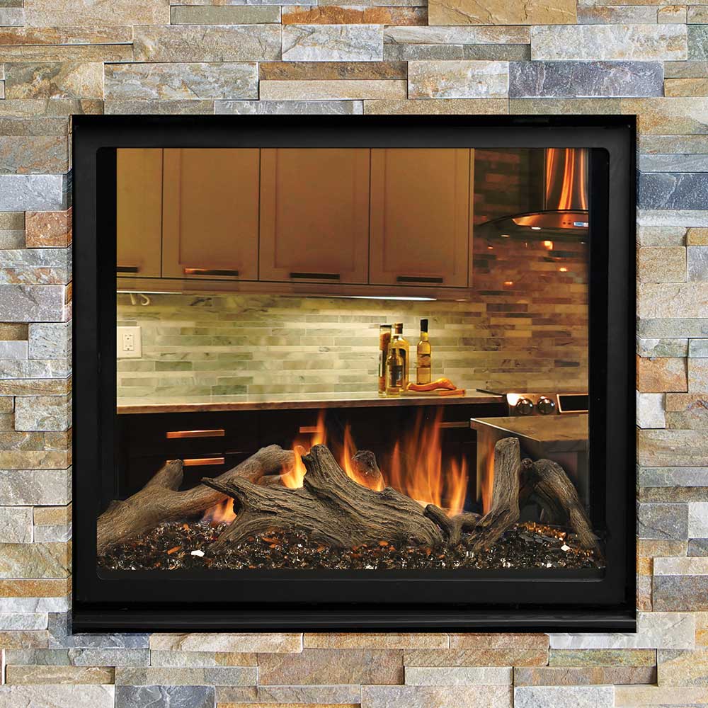 See-through direct vent gas fireplace with black frame and flames over logs