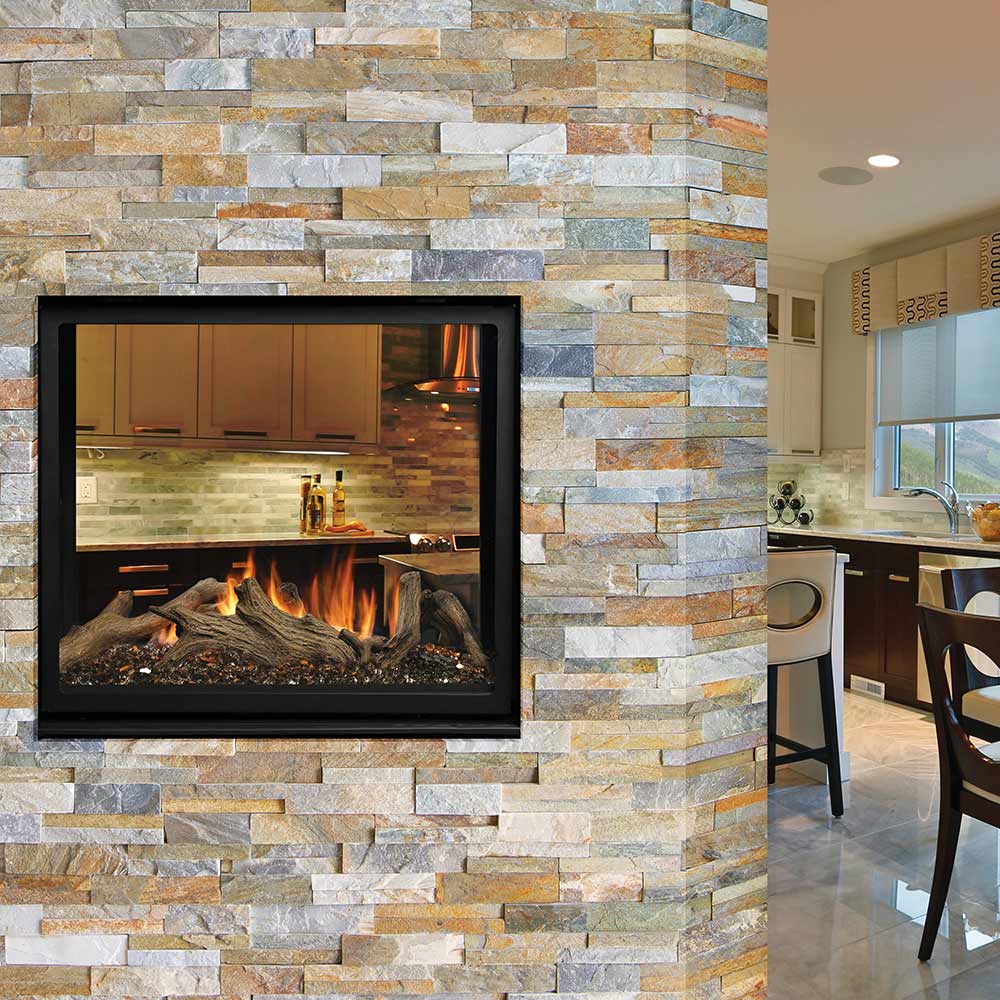 Gas fireplace with black frame and see-through window showing burning logs and flames