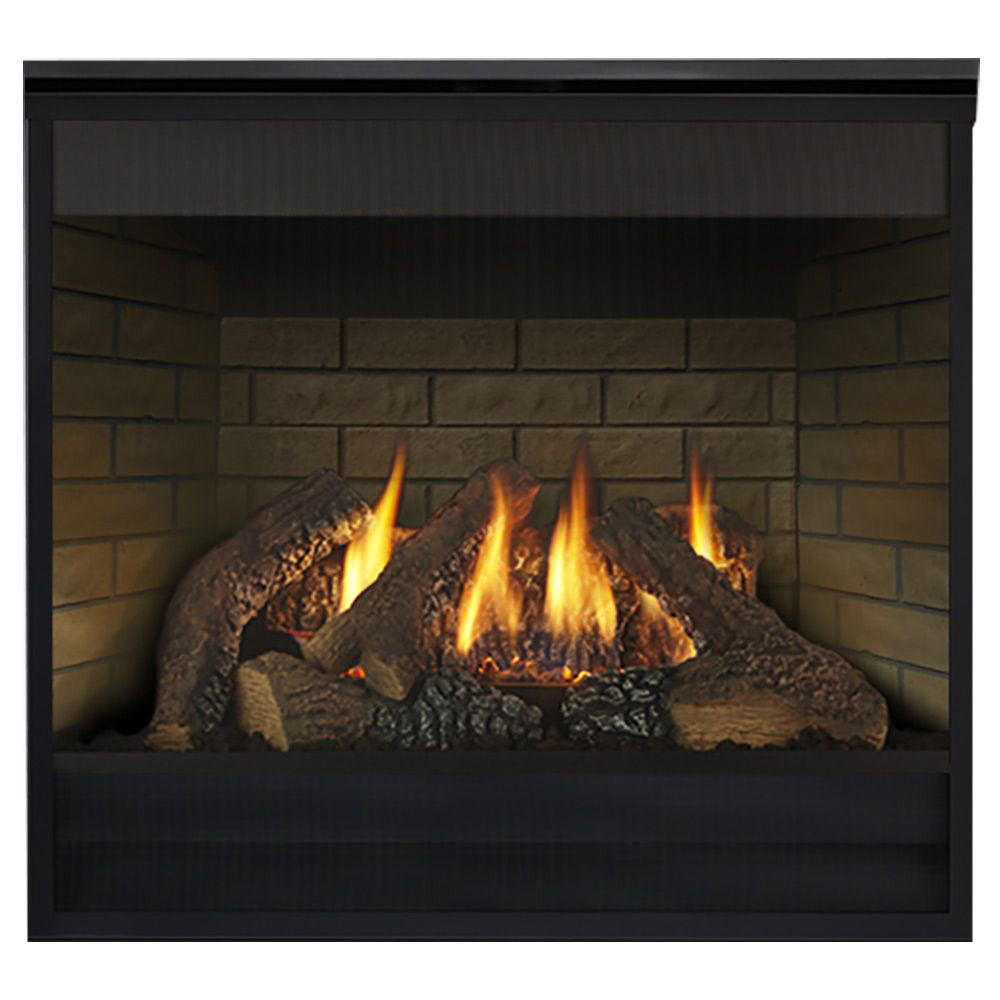 Direct vent gas fireplace with black front, glowing flames, and decorative log set.