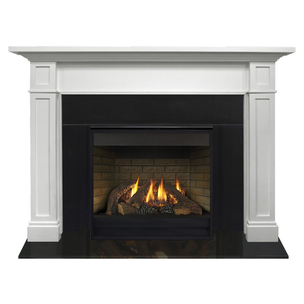 White fireplace mantel with black firebox and burning gas logs