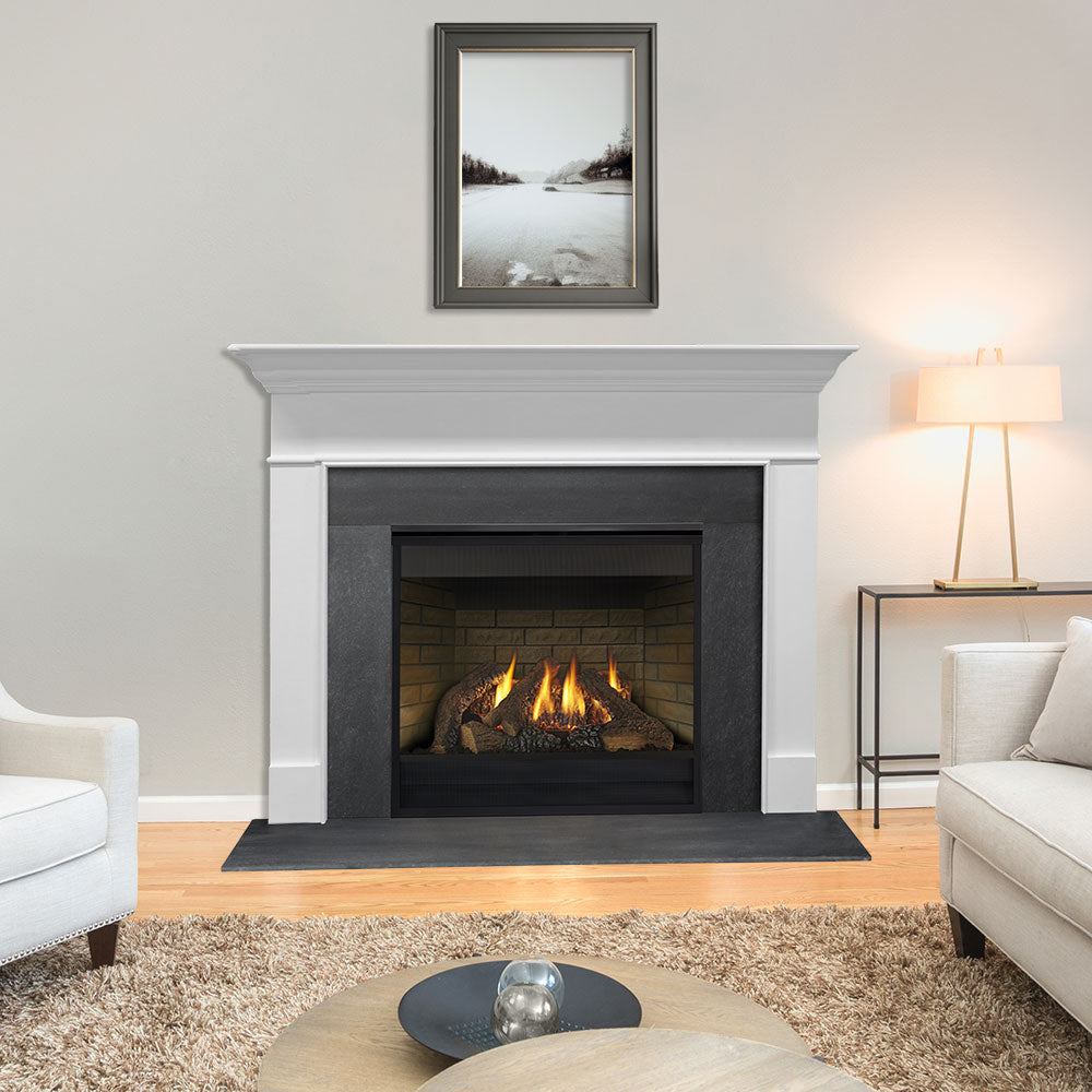 Direct vent gas fireplace with white mantel and dark firebox showing flames.