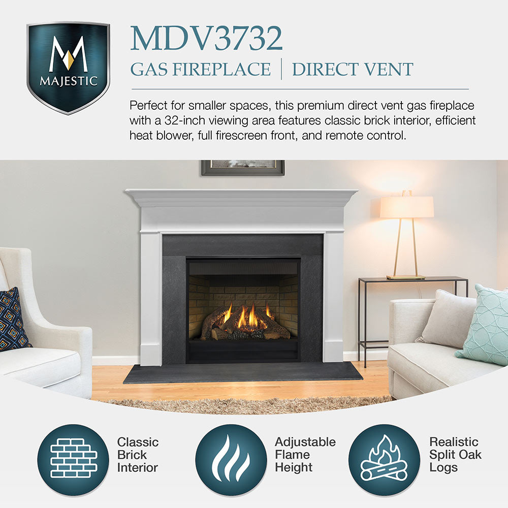 Direct vent gas fireplace front view with flame image and feature icons.