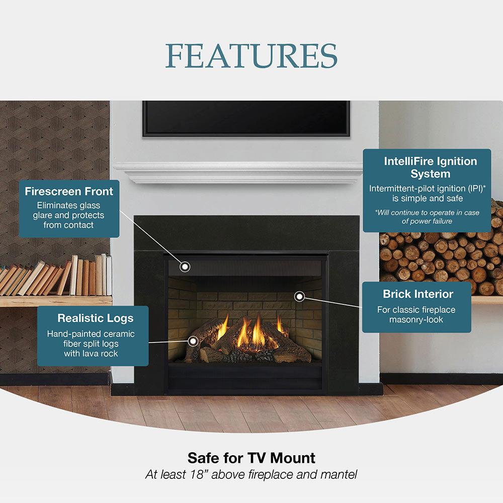 Direct vent gas fireplace features diagram showing firebox interior and ignition system.