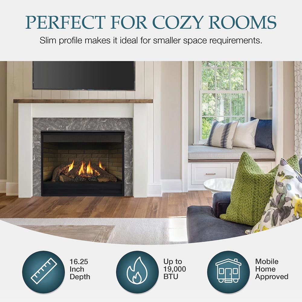 Direct vent gas fireplace with slim white mantel and dark firebox, burning flames.