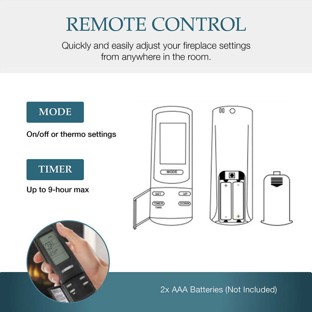 Gas fireplace remote control with mode and timer buttons shown.