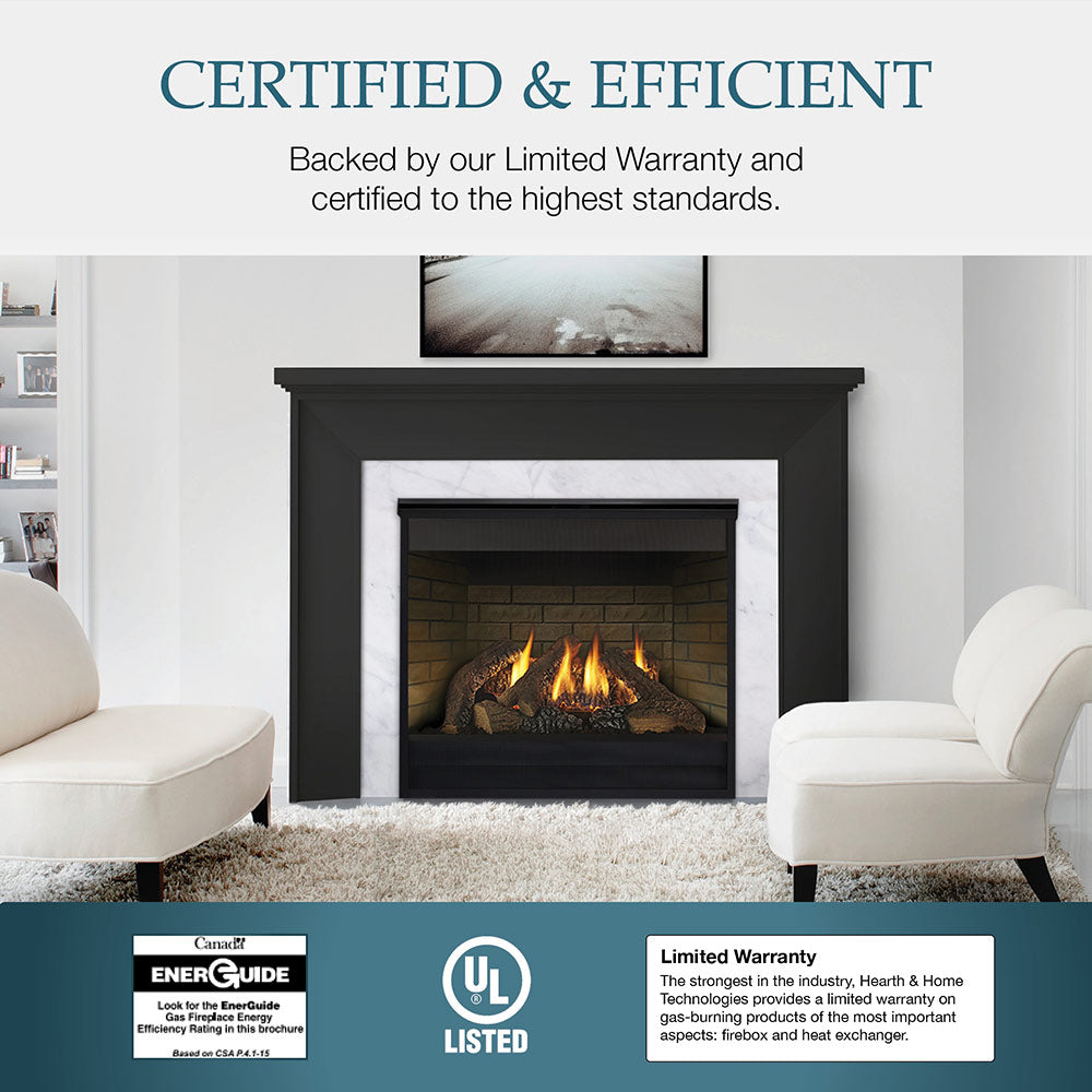 Direct vent gas fireplace with black surround and flames, with certification badge.