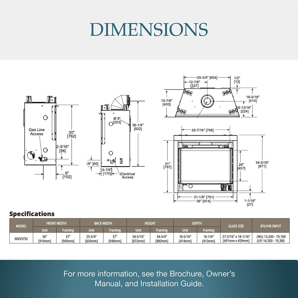 Direct vent gas fireplace dimensions diagram with measurement callouts and specs table.