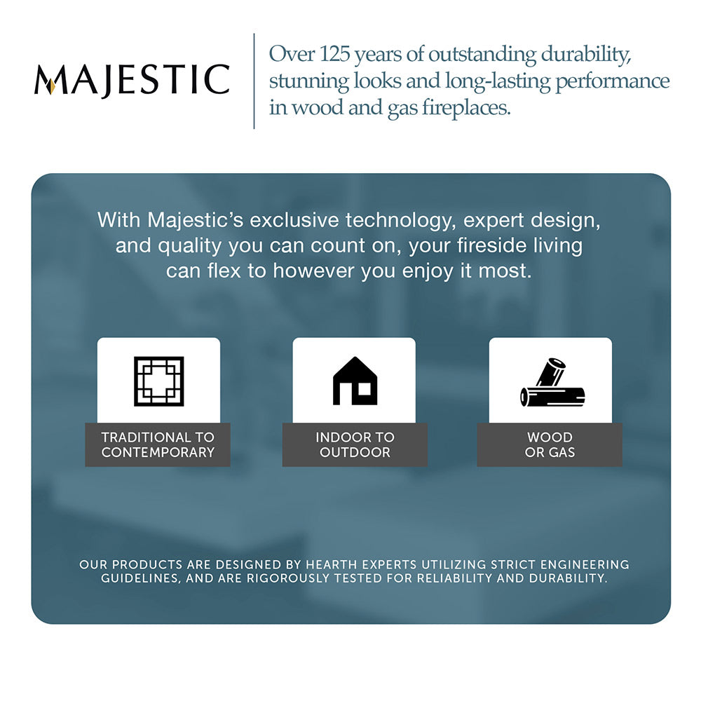 Gas fireplace technology and durability infographic with brand header and icons.