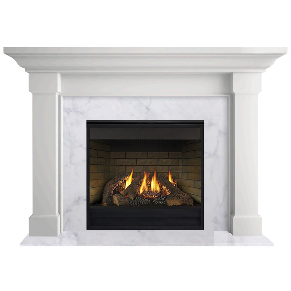 White flush wood mantel gas fireplace with black firebox and burning logs