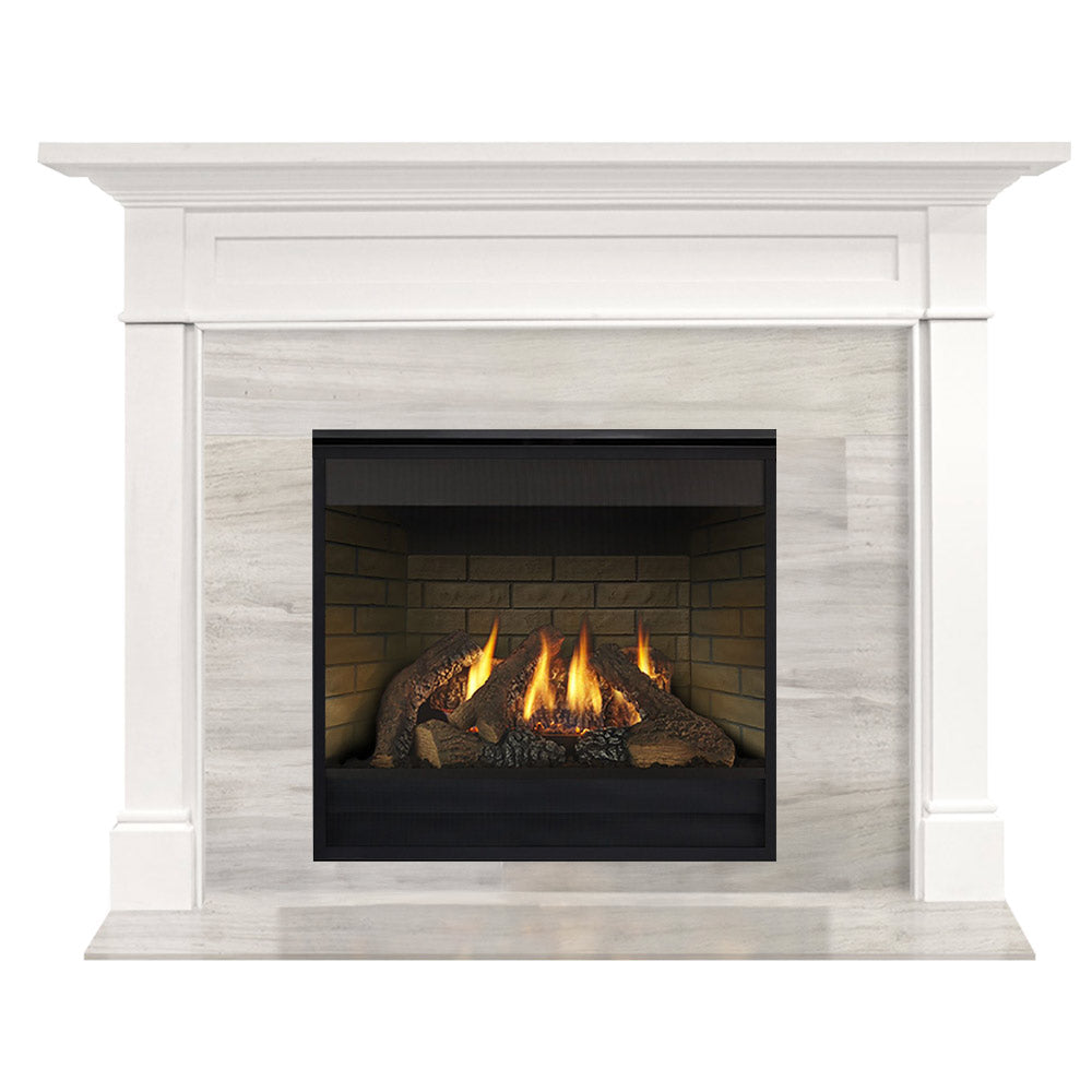 White primed MDF flush mantel direct vent gas fireplace with black glass firebox and flames