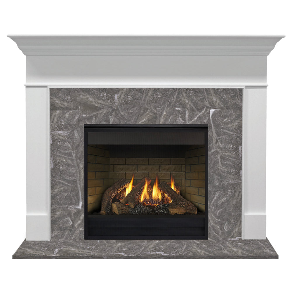 White direct vent gas fireplace mantel with gray stone surround and glowing firebox