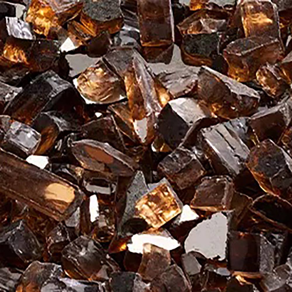 Crushed glass media with copper, amber, and dark reflective shards